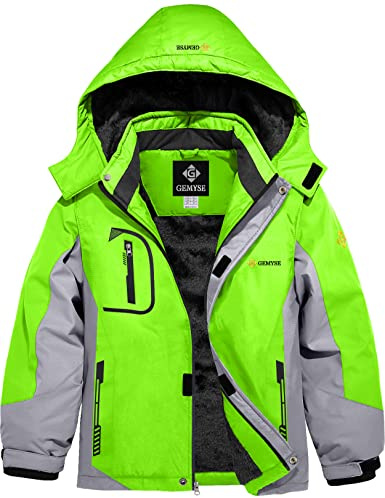GEMYSE Veste de Ski pour Garçon Enfant Manteau Hiver Chaud Imperméable Coupe-Vent Blouson avec Capuche et Polaire(Vert Fluo Gris Clair,128-134)