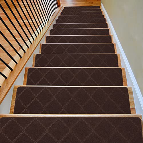 Triceratops 8x 30 (14-Pack) Carpet Stair Treads, Non-Slip Carpet Stair Runner with Non Skid Rubber Backing Removable Washable Step Runners Perfect for Pets,Elders (Brown)
