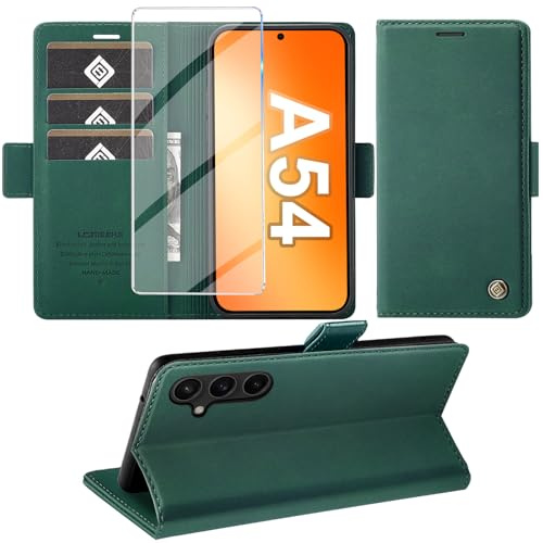 Giyer Handyhülle für Samsung Galaxy A54 5G Hülle mit Schutzfolie, Standfunktion Kartenfach Wallet Premium Leder Schutzhülle A54 5G Flip Case Cover Stoßfeste Klapphülle A54 5G 6.4 Zoll… (Grün)
