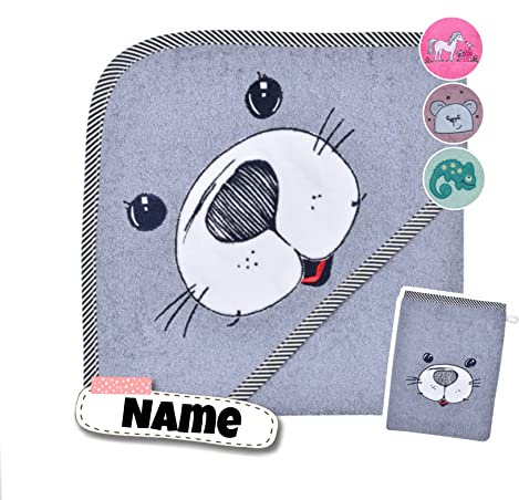 Baby Kapuzenhandtuch Set mit Waschlappen | Baby Handtuch 80 x 80 cm Kapuzenbadetuch | personalisiert mit Name | Baby Badetuch mit Kapuze Bestickt mit Namen | Baby Erstausstattung (Seehund grau)