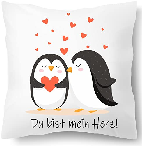 Blickfang Du bist Mein Herz Pinguin Kissen, Valentinstag, Geburtstags Geschenk Kissen für Sie Uns Ihn | Dekokissen | Kuschelkissen 40X40 Bedruckt | Kissenbezug(mit Kissenfüllung), Weiß
