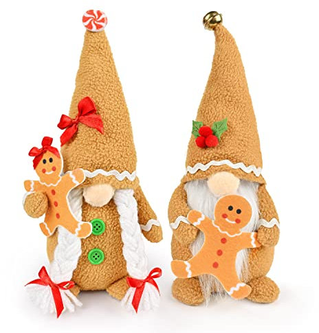 D-FantiX Christmas Gingerbread Man GNOME Plush Doll Set, 2 Stück Handgemachte Weihnachten Lebkuchenmann Stuffed Nordic GNOME Ornament Set, Nordic Swedish Tomte GNOME Collectible Doll Ornament