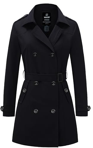 Wantdo Damen Frühling Jacke Winddichte Cabanjacke mit Schulterknöpfen Schulterklappen Slim Fit Lange Jacken Verstellbare Gürtel Mantel Schwarz 34