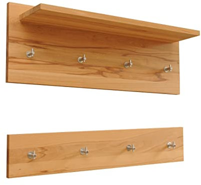 Holz-Projekt-Summer Wandgarderobe 2-teilig Kernbuche mit Ablage und Kleiderhaken Wandpaneel Garderobe Hakenleiste Paneel Dielenmöbel Flurgarderobe (60cm breit)