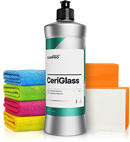 Autopolitur Set: CarPro CeriGlass Glaspolitur (500g) + Applikator - Kristallklare Scheiben für uneingeschränkte Sicht & Sicherheit - Auto Scheiben Glas Compound Politur | 6-teilig