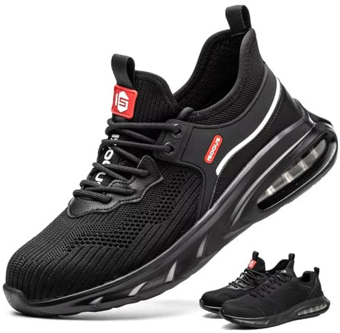 ISOOUS Zapatos de Seguridad Hombre Mujer Ligeros Zapatos de Trabajo con Punta de Acero Respirable Antideslizantes Anti-Piercing Negro 41