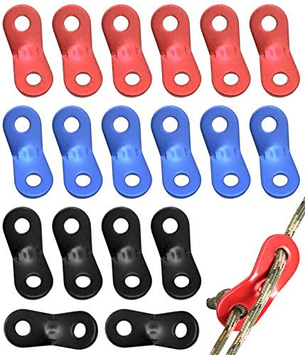 18 Stück Seilspanner,Wind Seil Schnallen,Cord Adjuster,2 Loch Aluminiumlegierung Guyline Zeltleinenspanner Zelt Seil Schnalle Dreilochspanner Schnurspanner für Zelt Outdoor Wandern Camping Picknick
