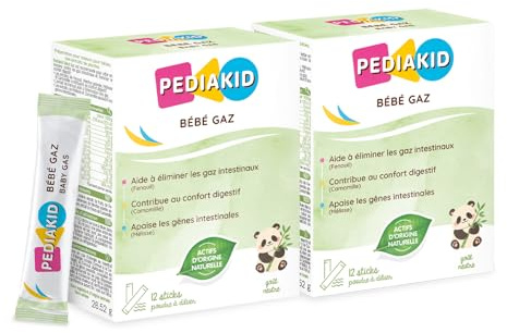 PEDIAKID Bébé Gaz - Bien-être Digestif & Extraits de Plantes 12 sticks x2 | Dès la naissance, fenouil, camomille, mélisse, menthe poivrée, fibres prébiotiques, poudre à diluer, sans gluten, goût neutre