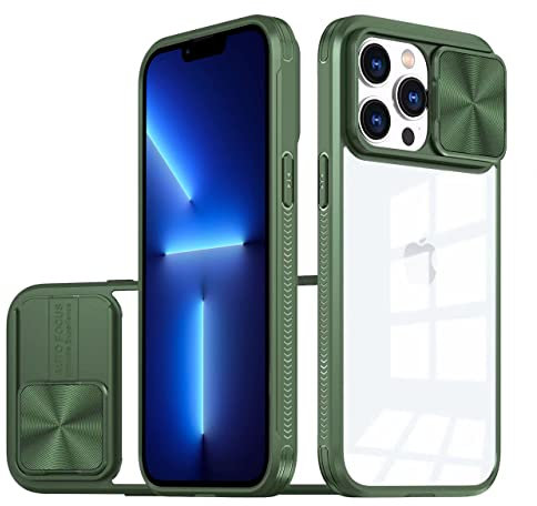 LIUKM Coque Compatible avec iPhone 13 Pro, Cache Camera Protection, Étui avec Cache Caméra Coulissante, composé d'un Dos en PC et d'un Cadre en TPU - Vert foncé