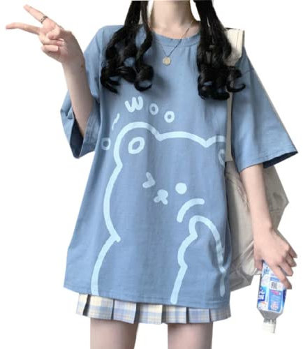 Women Kawaii Bear T-Shirt Cute Japanese Anime Graphic Tees Cartoon Korean Preppy Short Sleeve Baggy Top Oversized Clothes, Blue, M