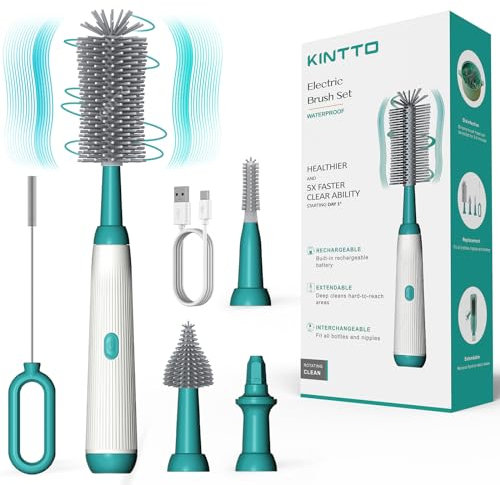 KINTTO Electric Bottle Brush Cleaner with Rechargeable, Cleaning for Baby/Water/Wine/Thermos Bottles, Waterproof 2 Nipple and Straw Silicone Brush 1500mAh