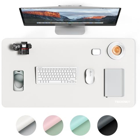 TECKNET Schreibtischunterlage, 80 x 40cm Große Tischschutzpolster, wasserdichte Laptop Desk Mat, PU Leder Tischunterlage, Abwischbar Doppelseitige Schreibunterlage für Büro/Zuhause (Weiß/Hellgrau)