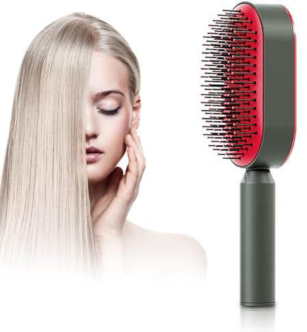 Selbstreinigende Haarbürste, Paddel Haarbürste Zum Entwirren von Haaren für Frauen, Abgerundeter Kamm Zur Kopfhautmassage, Ideal für Nasses oder Trockenes Haar (Rot)