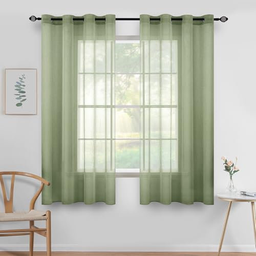 MIULEE Sheer Voile Vorhang mit Ösen Transparente Optik Gardine Ösenvorhang Ösenschal Transparent Durchsichtig für Schlafzimmer Wohnzimmer 140x160 cm (B x H) 2er Set Salbeigrün