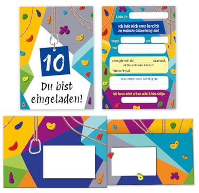 Minkocards 12 Einladungskarten incl. 12 Umschläge zum 10. Kindergeburtstag Klettern Bouldern Mädchen Jungen Einladungen zehnte Geburtstag