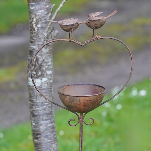 Robins on Heart Bird Bath Feeder | Large Metal Robin Garden Ornament Outdoor