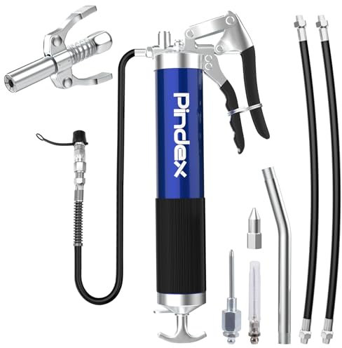 Pindex Pistolet Graisseur Pompe à Graisse Manuelle avec Raccord de Pistolet à Graisse,1 Aiguille de Graissage,1 Aiguille d'Injecteur de Graisse, 2 Tuyau Flexible de 45cm pour Cartouche de 400g
