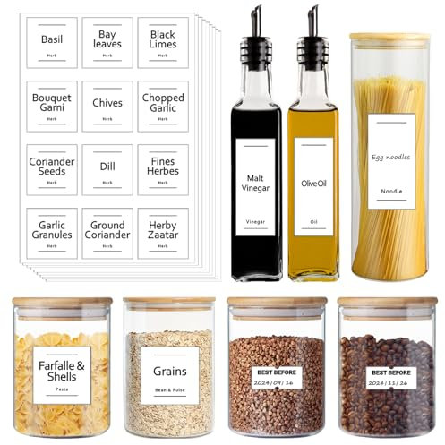Pantry Labels for Spice Jars, 369 PCs Waterproof Removable Self-adhesive White Storage Food Stickers for Home Kitchen Organisation Rack Containers, Bottles, Boxes Preprinted UK Ingredients