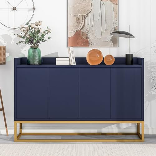 Aparador moderno de estilo minimalista de 4 puertas sin asas para comedor, salón, cocina, 120 x 30 x 80 cm (largo x ancho x alto) (azul marino)