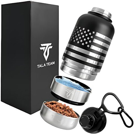 TALA TEAM Insulated Dog Water Bottle Portable (32oz) - Dog Travel Water Bottle with a hook for hiking & 2 bowls attached. Dog Travel Accessories, Travel Dog Bowls, Water Bottle For Dogs. Black&Silver.
