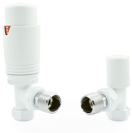 Hot Flow All-White Estuary Angled TRV Thermostatic Radiator Valve (Pair) Includes Angled TRV Body, Wheel Head & Lock Shield for Quick & Easy Temperature Control. Perfect for Energy Saving.