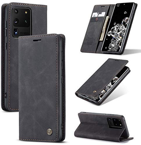 owlhold Hülle Samsung Galaxy S20 Ultra klapphülle Premium Lederhülle Weiches Vintage-Nubukleder Faltbare Ständer Schutzhülle Kartenfach Standfunktion klapphülle Samsung Galaxy S20 Ultra 5G - Schwarz