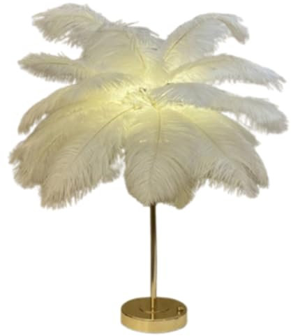 Beufee Federn-Lampe, USB-Straußenfedern-Lampe, Federn-Tischlampe, Licht mit 30 Stück Federn, Touch-Schalter, 3-Farben-Dimm-Schreibtischlampe für Schlafzimmer