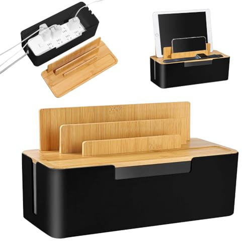 LUPATDY Bambus Kabelbox,Kabel Organizer mit Deckel,Aufbewahrungsbox aus Nachhaltigem Bambus und ABS,Verstecken Sie Steckdosenleisten, Zum Verbergen und Abdecken, Kabels,Kabel Organizer Box (Schwarz)