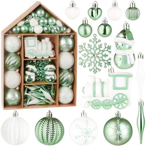 BRUBAKER 70 Stück Christbaumschmuck - Weihnachtskugel Set mit Lokomotive, Schneemänner, Kugeln, Herzen und Schneeflocken - Baumkugel Baumschmuck - Anhänger für Weihnachtsbaum - Weiß Türkis