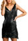 EMOTTOS Damen Pailletten Fransen Spaghettiträger Kleid, ärmelloses Bodycon Mini Fransenkleid mit Sexy Low Cut V Ausschnitt, Rückenfrei A Linie Trägerkleid für Club Party, Schwarz, XL
