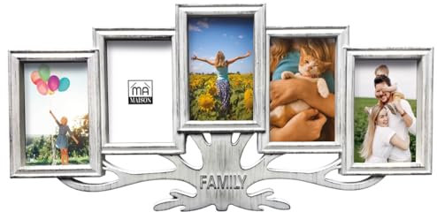 MA MAISON Quadro Portafoto 5 Cornici 56hx28 cm Albero della Vita - Adatto per Foto Ricordo, Decorazioni, Camera da Letto, Ufficio, Soggiorno - Colore Bianco Anticato