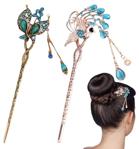 Bâtonnets de Cheveux Métal, 2 Pcs Baguette Cheveux Vintage, pique cheveux,Épingle à Cheveux Chinoise, Baguette Chinoise Cheveux, Baguette Cheveux Chignon, pour Femme Fille Coiffure