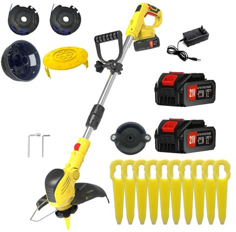 Decespugliatore a Batteria 21V, 2 batterie e 1 caricabatterie, larghezza di taglio 22 cm, tagliaerba senza fili e tagliabordi,taglia bordi giardino,tagliabordi elettrico, include 10 lame in plastica,