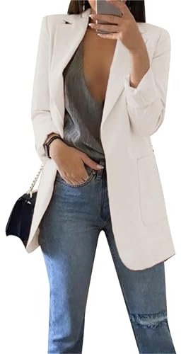 EFOFEI Femme Formel Blazer À Tailleur Longue Costume avec Doubles Poches Latérales Manteau Cardigan Simple Blanc L