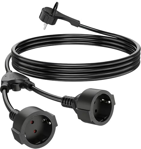 DKTYGER 2M Verlängerungskabel mit Flachstecker, 2-Fach Schutzkontakt Verlängerungskabel 230V/16A, Doppelstecker für Steckdose IP44 für Zuhause, Büro, Schwarz