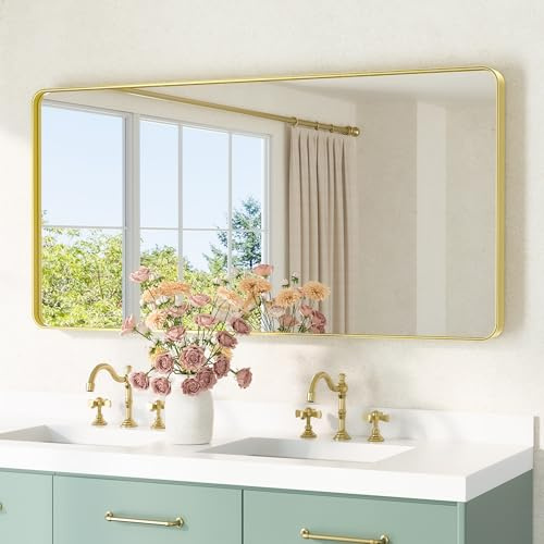 TETOTE 120x60cm Wandspiegel Gold Ohne Beleuchtung, Rechteckig Badspiegel mit Runder Ecke, Metallrahmen Badezimmer Spiegel für Waschbecken, Gehärtetes Glas Dekorative Spiegel