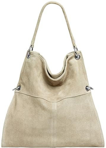Caspar Große Vintage Leder Schultertasche Damen Handtasche aus weichem Wildleder - PREMIUM LINE - Modell No.805 - Made in Italy, Farbe:beige, Größe:One Size
