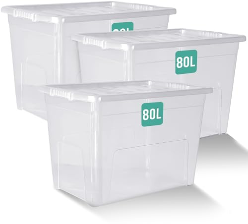 Klass Home Collection 3 x 80 Litre Large Plastic Storage Boxes With Lids - Heavy Duty Stackable 80L Large Storage Box With Lid, Big Plastic Containers For Home, Moving, Garage (3 x 80L - Clear Lid)