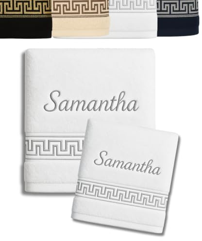 2er Pack Personalisiertes Handtuch und Badetuch mit Namen und dekorativer Stickerei Schön gestickter Name Handbadetuch 100 % Baumwollhandtuch 50x100 cm+140x70 cm Personalized Towel with Name (Weiß)