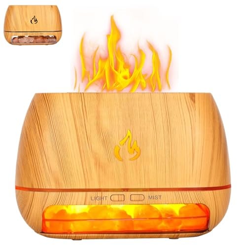 Diffuseur de lampe au sel de l'Himalaya, diffuseur d'huiles essentielles ultrasonique 200ML, humidificateur flamme simulation, brume lumineuse colorée, arôme grain bois pour.