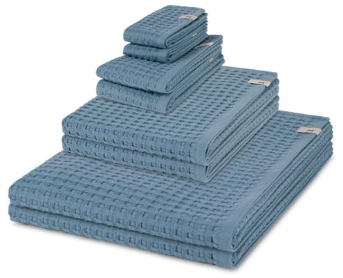 Möve Piquée 8-teiliges Handtuch Set – 2X Seif-, 2X Gäste-, 2X Duschtuch, 2X Handtuch – Waffelpiqué Baumwolle, Saugfähig & Weich, Kordelaufhänger, Pflegeleicht – Sanftes Massagegefühl (Steel Blue)