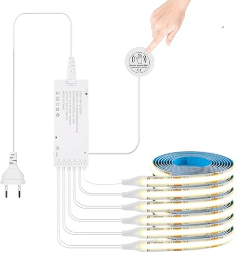 LUCKGULU 12V COB LED Streifen 6 in 1 Set, 6x1M Warmweiß Dimmbar mit Penetrating Touch & Hand Sweep Dimmschalter für Schrank, Vitrine, Küche, Regal, Akustikpaneele, Weinschrank und Regalbeleuchtung