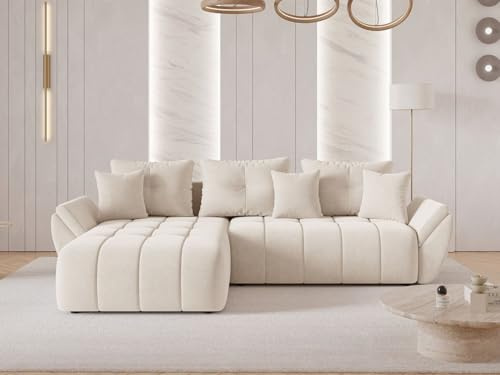 GRAINGOLD Decor L Ecksofa modern mit Bettfunktion, 280x190, L-Form Sofa, Schlafcouch für Wohnzimmer, Veloursstoff, 3-Sitzer Eckcouch, Ecksofa mit Bettkasten (Beige)