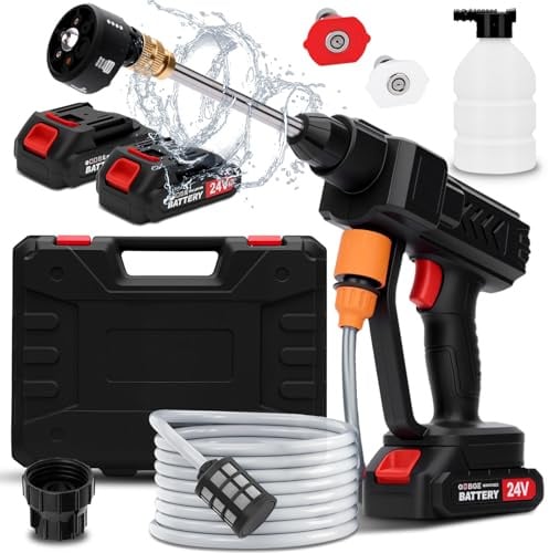 Hidrolimpiadora Bateria, 362PSI Hidrolimpiadora Portátil, Limpiador de Alta Presión, Pistola de Agua a Presión con 2 Baterías, Boquilla 6 en 1, Manguera 5m, para Limpiar Coche, Terraza, Jardín