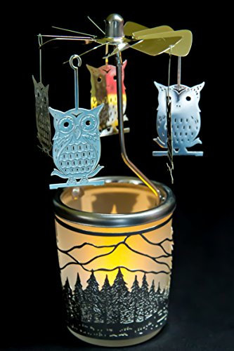 Pyramide/Rondell Silber Teelichtglas im Geschenkkarton Set inkl. Glitzerstern (Eule 1)