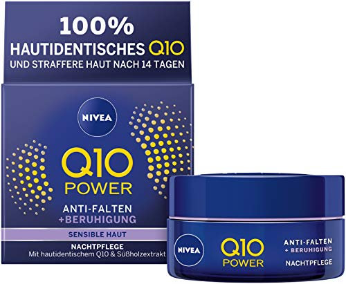 NIVEA Q10 Anti-Falten Beruhigung Nachtpflege (50 ml), feuchtigkeitsspendende Nachtcreme mit purem Q10 und Süßholzextrakt, Gesichtspflege Creme für sensible Haut