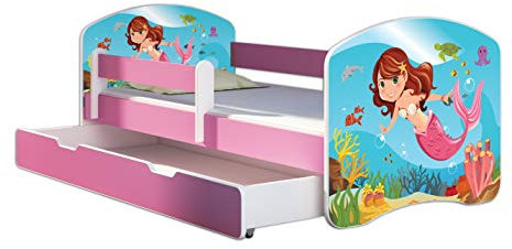 Kinderbett Jugendbett mit einer Schublade und Matratze Rausfallschutz Rosa 70 x 140 80 x 160 80 x 180 ACMA II (09 Meerjungfrau, 70 x 140 cm + Bettkasten)