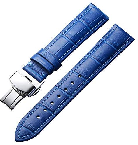 BINLUN Leder Uhrenarmband Lederarmband Ersatz Uhrenarmbänder für Herren Damen mit Silber/Gold/Roségold Schmetterling Faltschließe 12-24mm(19mm Blau-Silber Schnalle)