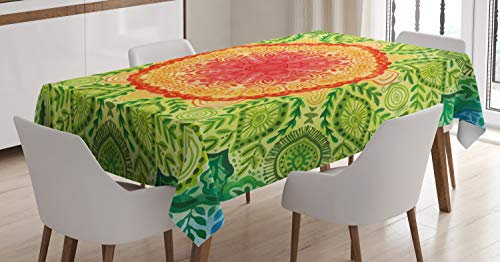 ABAKUHAUS Ethnisch Tischdecke, Lace Mandala Hippie-Art, Wasserfest Waschbar mit Klar Sichtbaren Farben kein Verblassen Personalisiert, 140 x 240 cm, Gelb Grün Blau und Rot