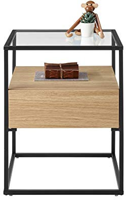 Robas Lund Beistelltisch Couchtisch Glastisch mit Schublade Eiche Dekor, BxHxT 43x54x43 cm
